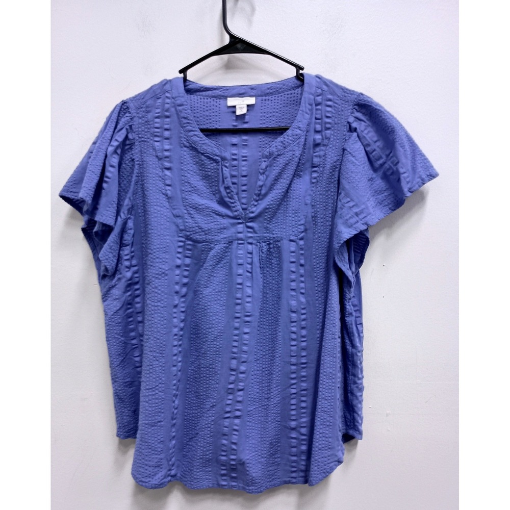 J.Jill Flutter Sleeve Blouse Top Womens MP Blue Seersucker Coastal Vacation